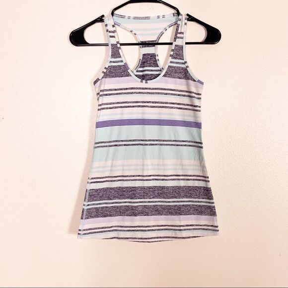 Lululemon White with Grey & Blue Striped Cool Racerback Tank Top - Picture 1 of 7